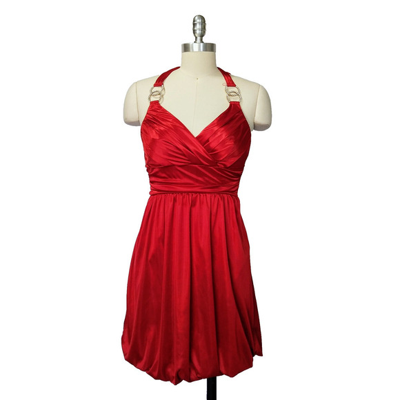 Vintage Y2K Red Satin Halter Mini Dress Size M Trixxi Bubble Hem Hoco Formal - Picture 2 of 8
